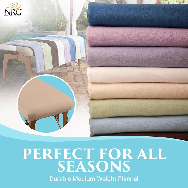 NRG Deluxe Flannel Fitted Massage Table Sheets - Natural Double Brushed 100% Cotton - Medium Size, 200 Thread Count