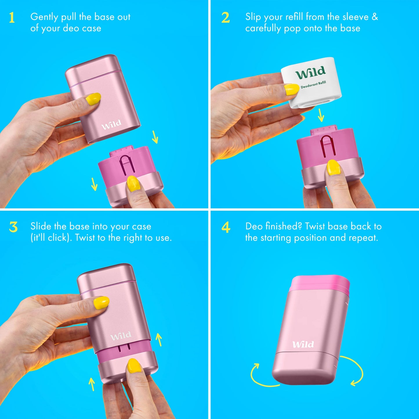 Wild Aluminum Free Deodorant for Women Starter Kit - Refillable Stick Deodorant with Pink Applicator Case & Fresh Cotton and Sea Salt Scented Refill (1.4oz) - Long Lasting Protection - Vegan Friendly