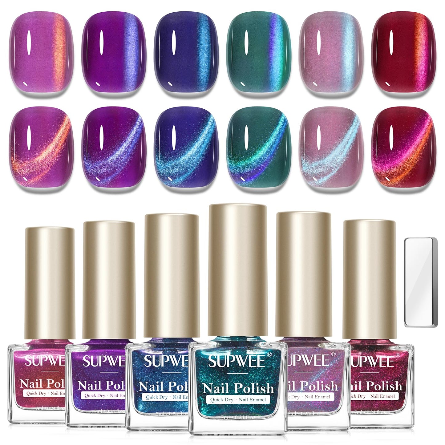 SUPWEE Cat Eye Nail Polish Set, Quick Dry Magnetic Nail Polish Non Gel with Magnet, Multi-Color Holographic Glitter Cateye Nail Lacquer High Glossy DIY Salon Gift for Women Girl