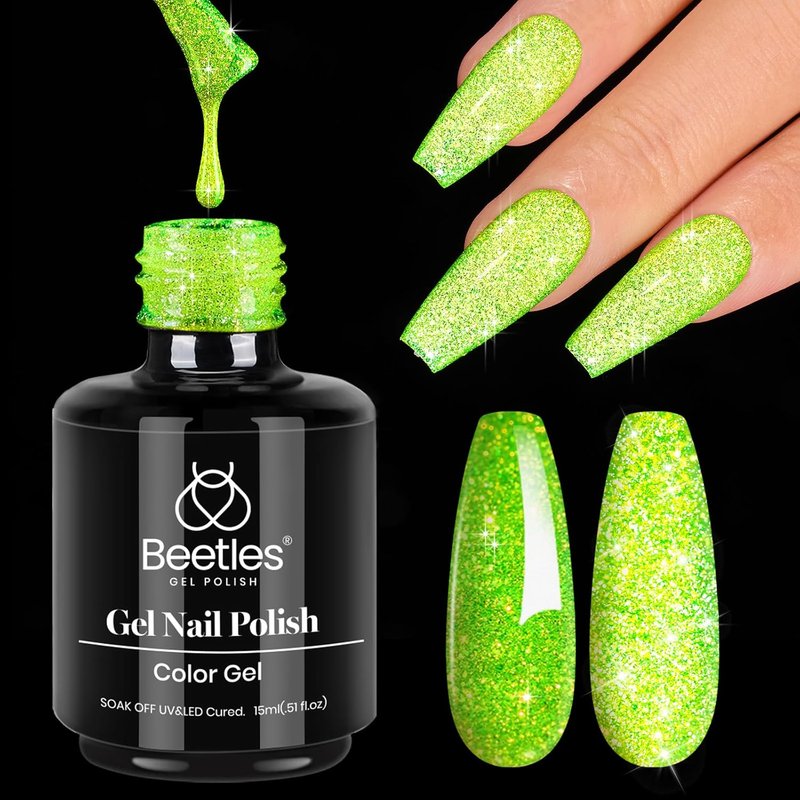 Beetles Green Glitter Gel Nail Polish - Reflective Soak Off UV LED Formula | Summer Lime Green for Nail Art & Manicure