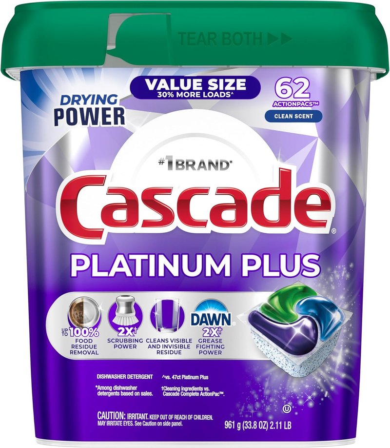 Cascade Platinum Plus Dishwasher Pods - Powerful Dish Detergent Soap with Clean Scent | 62 Count