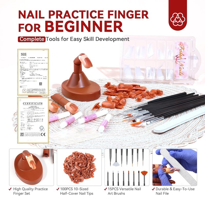 Saviland Nail Practice Finger - Adjustable Acrylic Nail Training Hand with Replaceable Tips & Brush Kit for Beginners