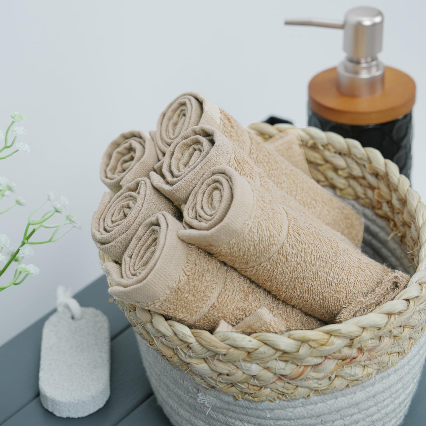Tens Towels Pack of 24 Washcloths, 12 x 12 Inches, Lighter Weight, Quick to Dry, Super Soft & Absorbent, Gentle Face Towels, Hotel Quality, Perfect for Bathroom, Gym, Spa (Beige, 24 Pack)