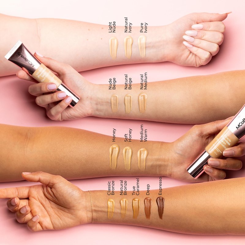 MCoBeauty Miracle Flawless Skin Liquid Foundation Nude Beige - Buildable Medium Coverage Dewy Finish for All Skin Types - Hyaluronic Acid Coconut Water Rose Water Hydrating Face Makeup Vegan - 1 Fl Oz