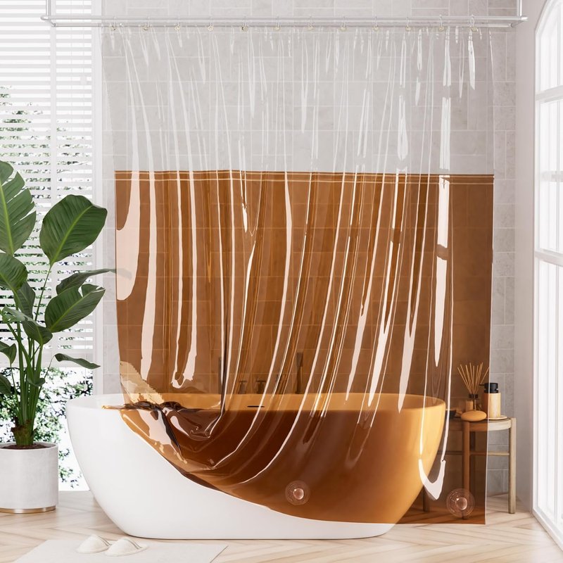 AmazerBath 100% EVA Shower Curtain Liner - Heavy Duty, 72x72 Inches, Color Block Clear & Amber with Brass Grommets