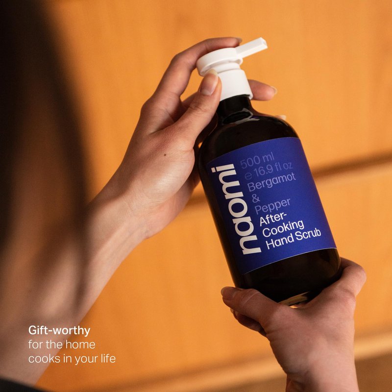 Naomi After-Cooking Hand Scrub | Odor Neutralizing Exfoliating Hand Wash for Kitchen | Removes Garlic Seafood Smells | Gentle Non-Drying Jojoba Pumice Hand Soap (Bergamot & Pepper)