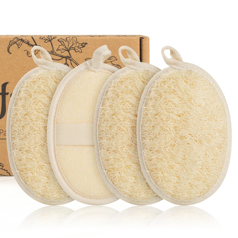 SAMEBUTECO 4 Pack Natural Loofah Exfoliating Body Scrubber Pads,Large Size 6.3x4.3 Inch Shower Loofah Sponges with Elastic Strap & Hanging Loop, Bath Scrubber for Adults