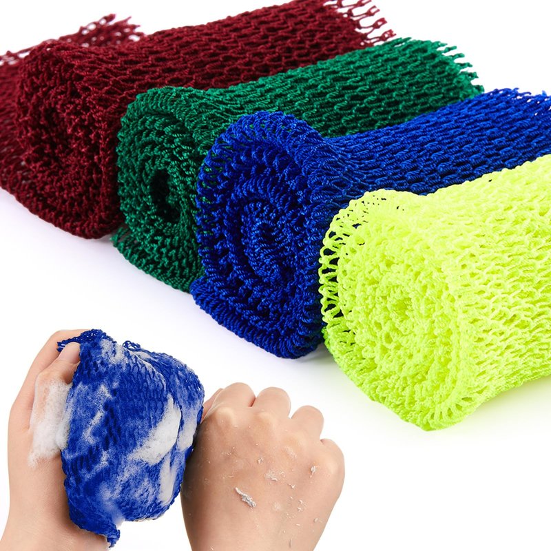 BOAO 4 Pieces African Net Sponge Exfoliating Bath Net Long Body Scrubber for Shower, Stretchy Back Wash Cloth, Deep Skin Cleansing for Men Women