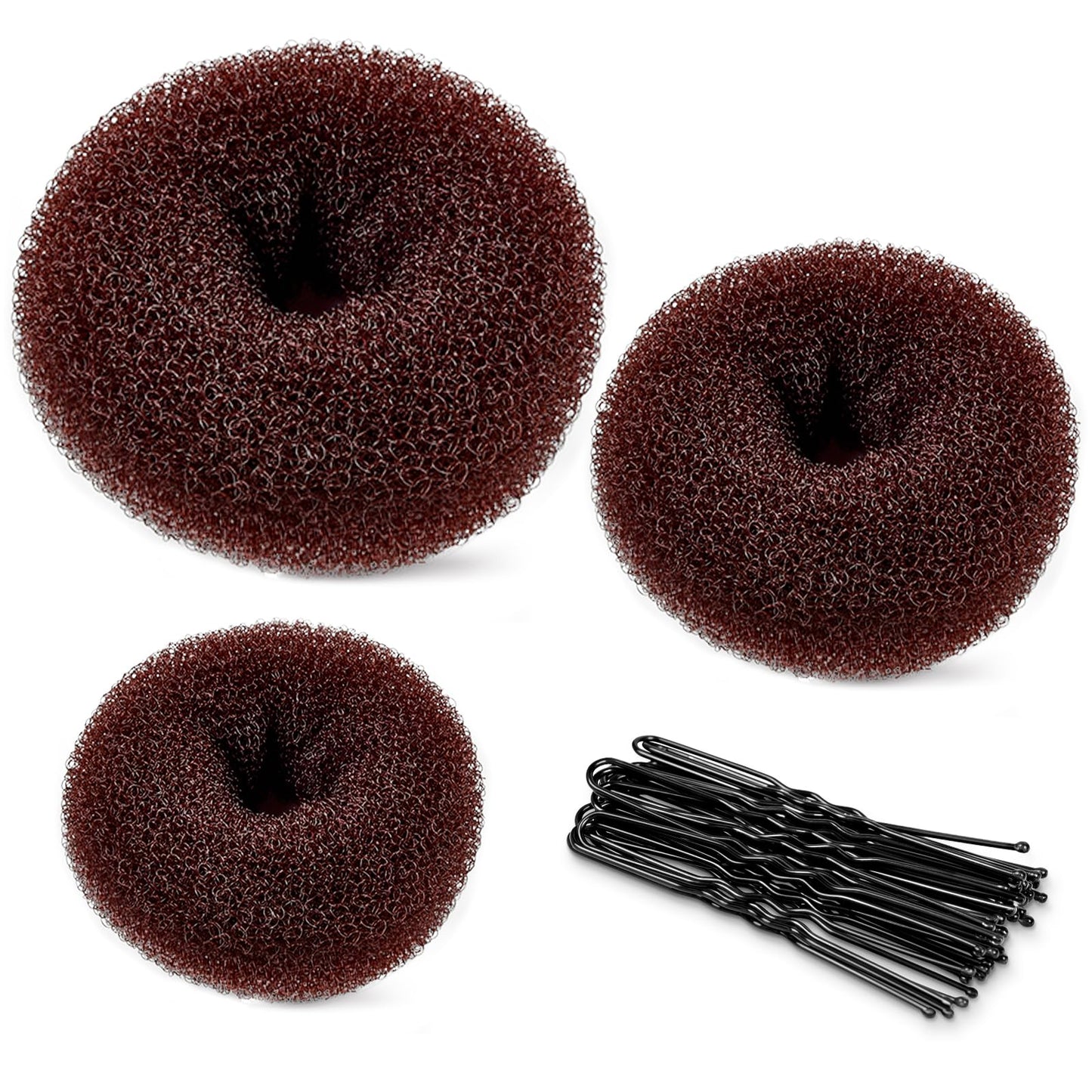 TsMADDTs Donut Hair Bun Maker, 3 pcs Dark Brown Ring Style Bun Maker with 20 pcs U Shaped Hair Pins for Women Dance