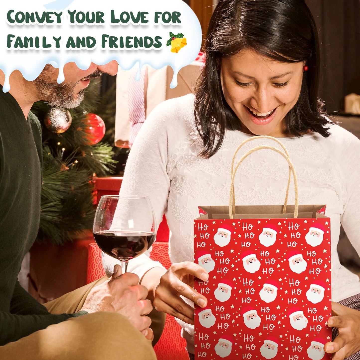 DeckTheHalls 24 Pack Christmas Gift Bags with 12 Stylish Prints, Christmas Tote Bags with Sturdy Handle, Reusable Xmas Kraft Gift Bags for Holiday Gifts, Party Favors, Ideal for Wrapping Gifts