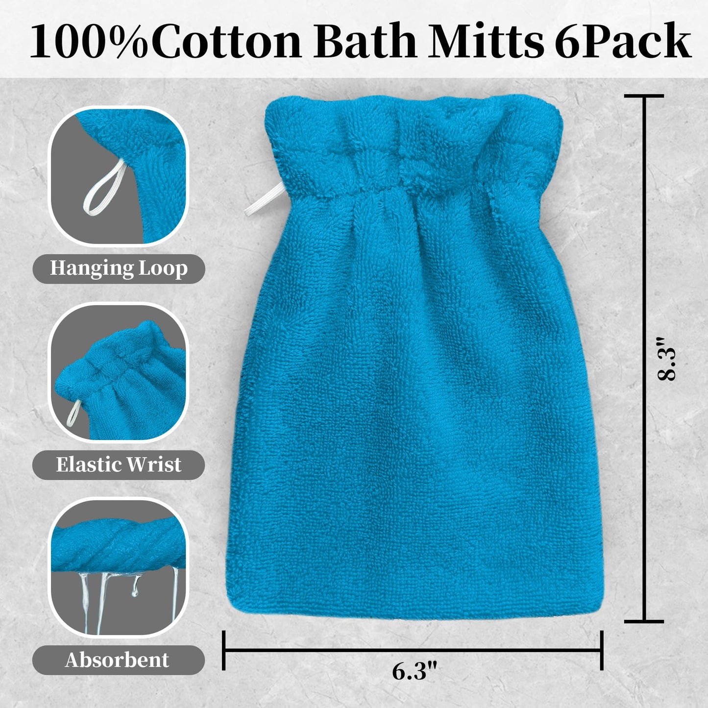 VOOVA & MOVAS Wash Mitts for Body 6-Pack, 100% Cotton Soft Absorbent Wash Cloths with Hanging Loop, 8.3x6.3 Inch European Style Wash Gloves for Shower & Spa, Sky Blue