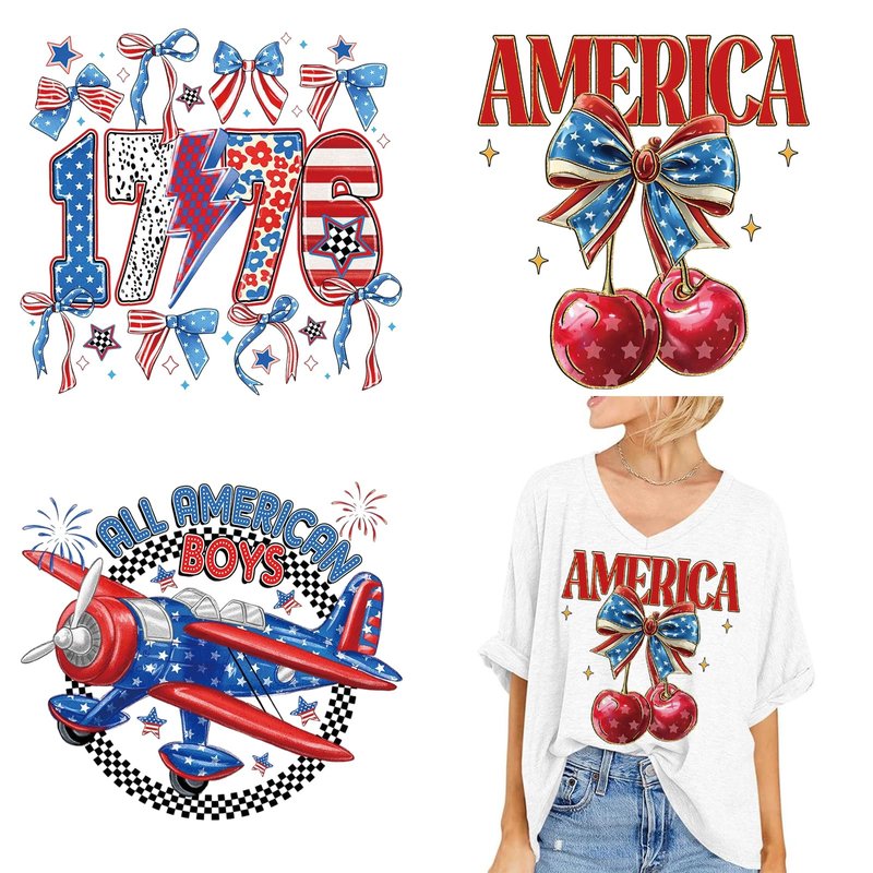 4th of July Iron on Transfers - 3 Sheets 250th Anniversary 1776-2026 Patriotic Iron on Patches USA Airplane Bow Cherry Design No Sew DIY Iron On Stickers for T Shirts Bags Hats, Independence Day Decor
