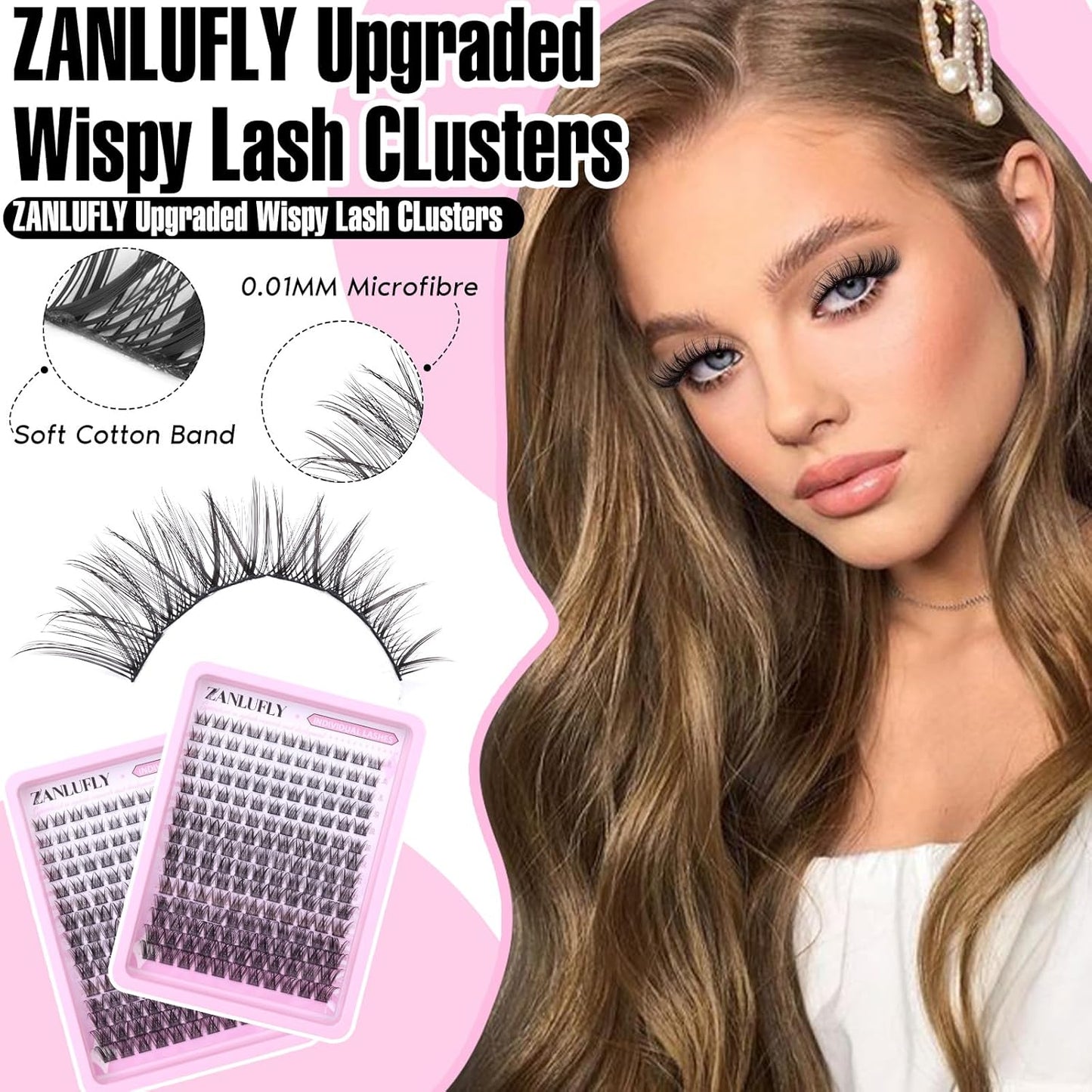Zanlufly Wispy Eyelash Clusters - Natural C-Curly DIY Lash Extensions | 180 Pcs, Thin Band, 8-16MM