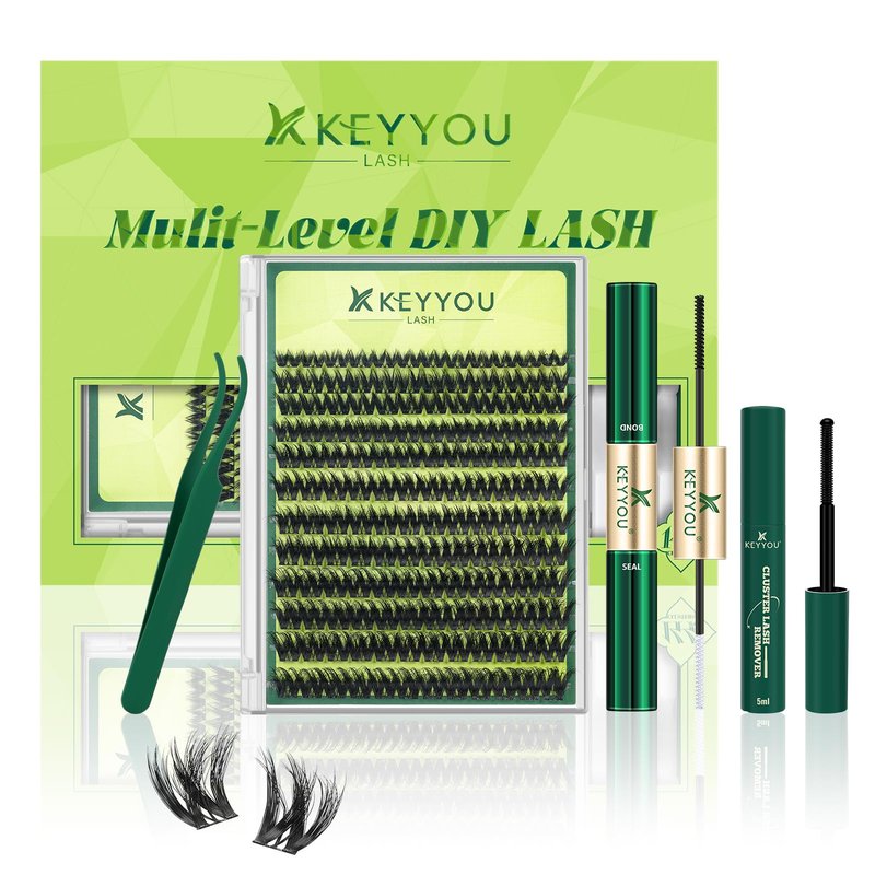 KEYYOU Lash Extension Kit 3D Effect Volume Lash Clusters Flaunt Style 144PCS D Curl Waterproof DIY Kit Flora Inspired Wispy Look LengthLock 8–18mm Ultra-Thin Black Band (PuffSilk V3D01 Kit)