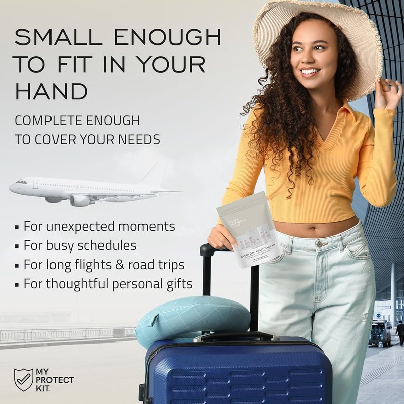MY PROTECT KIT Everyday Essentials Travel Kit – TSA Compliant Hygiene & Toiletry Set with Deodorant Spray, Lotion, Lip Balm & Cleansing Wipes, Self Care Kit for Purse, Gym, Hotels & Airbnb