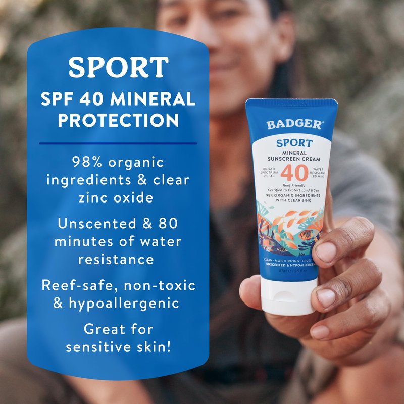Badger Sport Mineral Sunscreen, Reef Safe, SPF 40, 98% Organic with Zinc Oxide, Water Resistant, Hawaii Reef Act 104 Compliant, Unscented & Hypoallergenic, For Sports & Adventures, 2.9 fl oz
