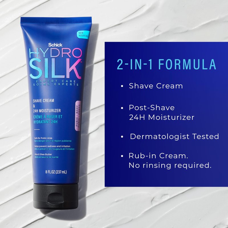 Schick Hydro Silk Shave Cream & 24-Hour Moisturizer | Pubic Hair Shave Cream for Women and Bikini Area Moisturizer, Shaving Cream for Women Sensitive Skin, 8 fluid oz