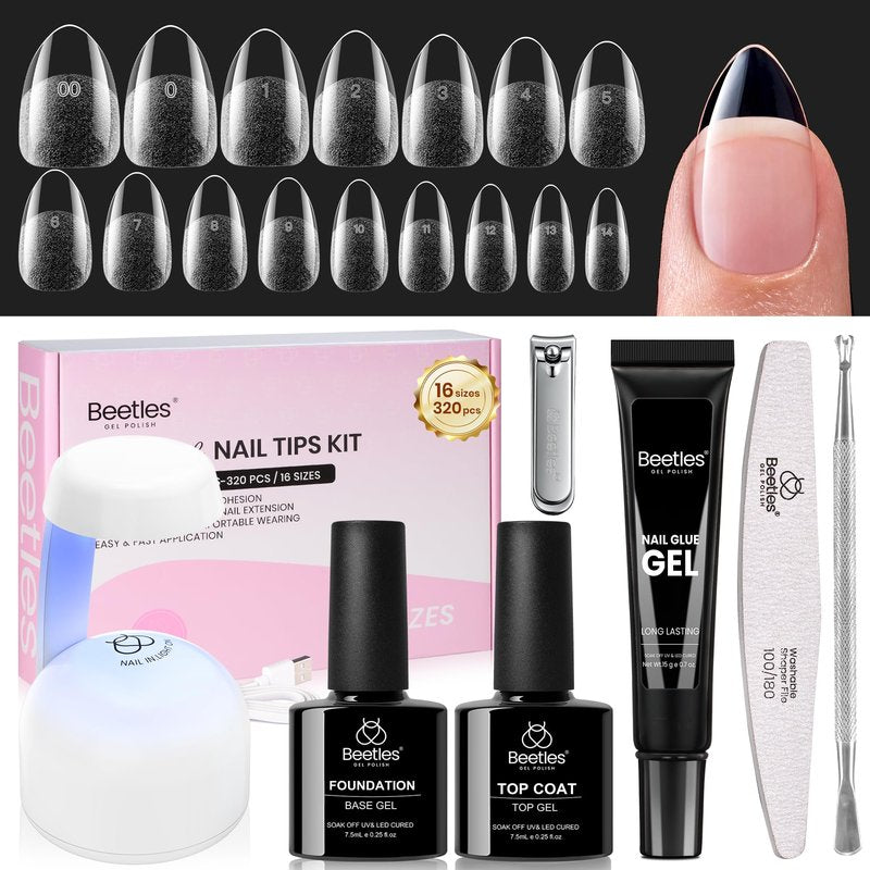 Beetles Gel Nail Kit Flat-X, Almond Short, 320pcs 16 Sizes Nail tips, with 15g Nail Glue Gel Hands-Free, 7.5ml Base Gel & Top Coat, Mini Lamp, for Acrylic Press On Nail, Extension DIY Set at Home