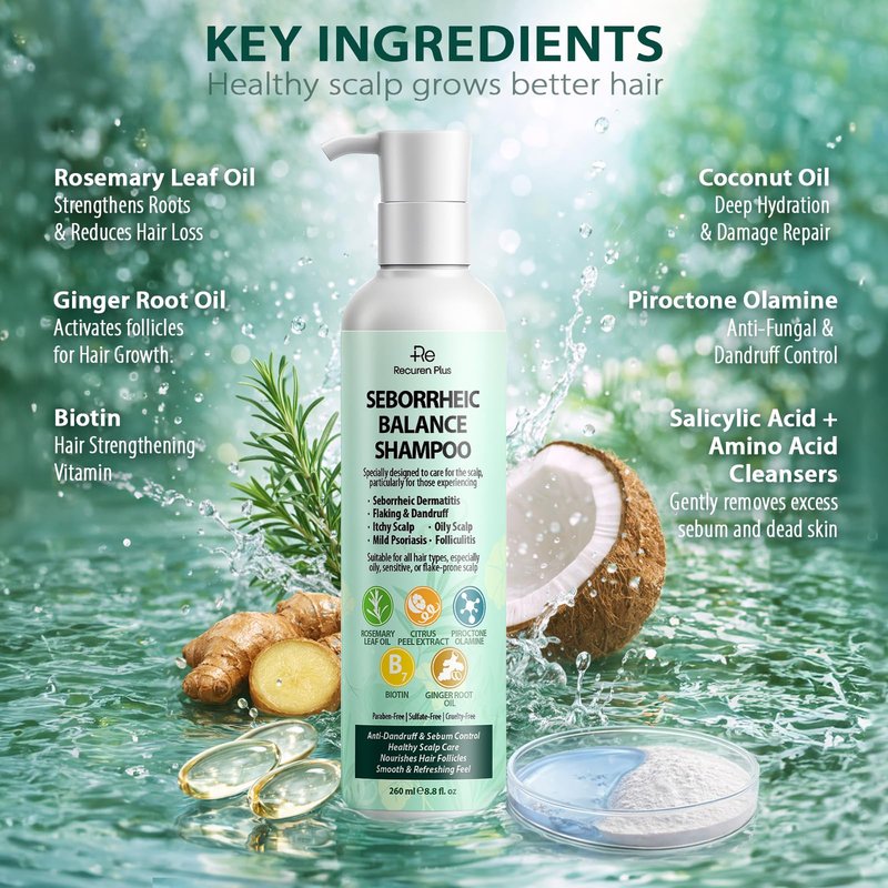Recuren Plus Seborrheic Dermatitis Shampoo for Folliculitis & Acne: Psoriasis Treatment & Scalp Antifungal Shampoo, Dandruff Shampoo, Dry Itch Scalp & Flake Control — Sulfate-Free, Nourishing