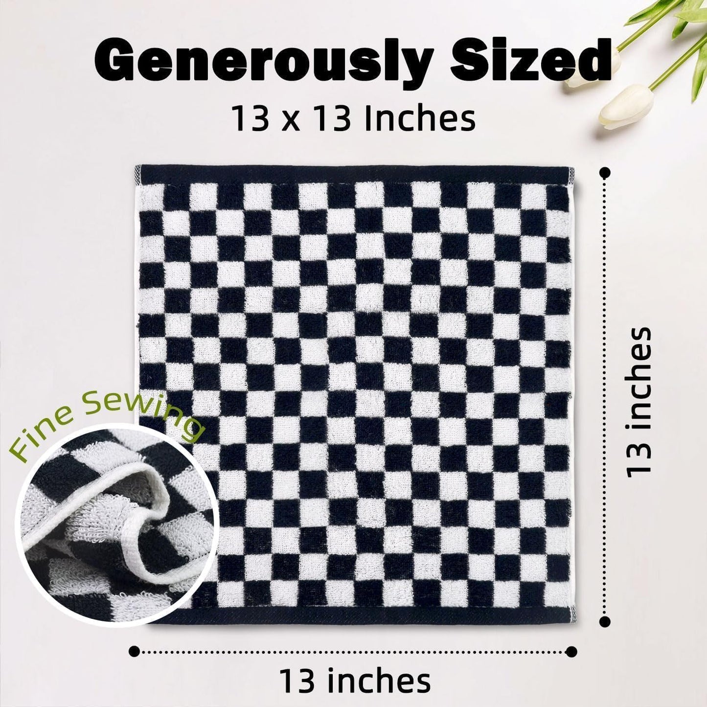 Jacquotha Washcloths 12 Pack Checkered - Wash Cloths for Showering (13"x13") in Black, Multi-Purpose Bathroom Face Cloths, Soft and Quick Dry