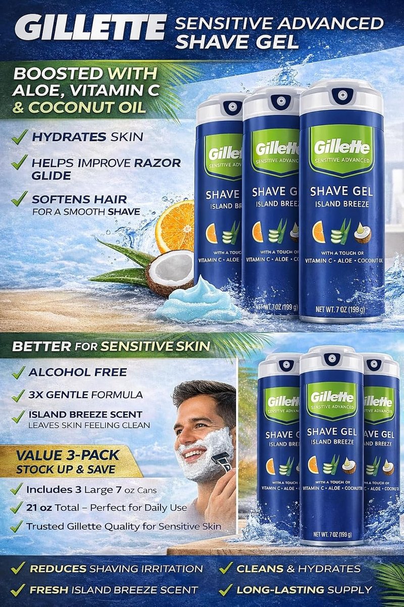 Gillette Sensitive Plus Island Breeze - Alcohol-Free Shaving Gel with Aloe & Vitamin C | 3 Pack