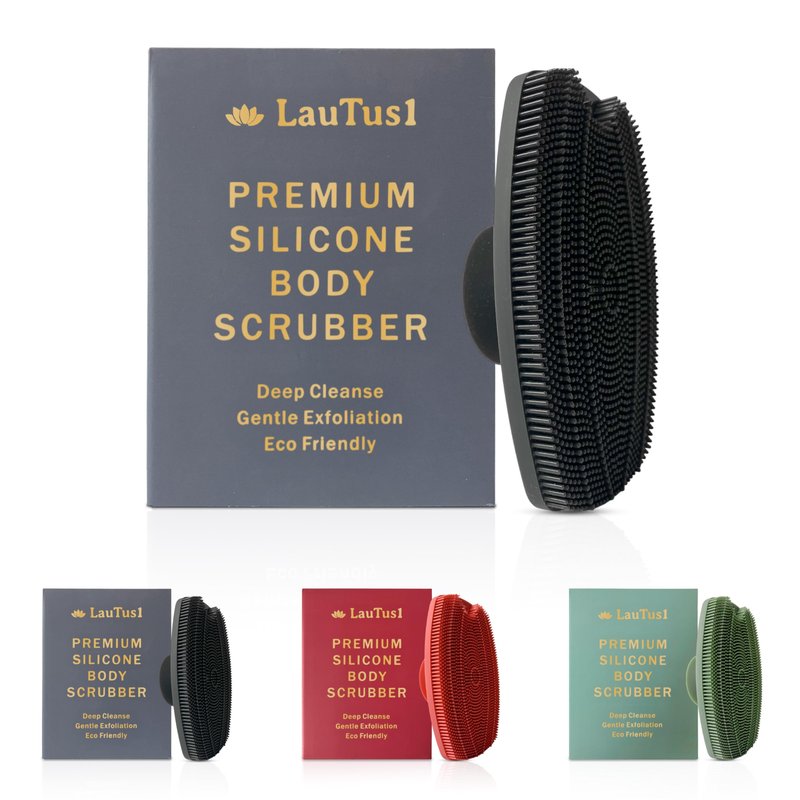 LauTus1 Silicone Body Scrubber — Suction Cup Mount & Hook, Gentle Exfoliating Shower Brush, Soft Loofah Alternative for Men, Women & All Skin Types — Graphite Black
