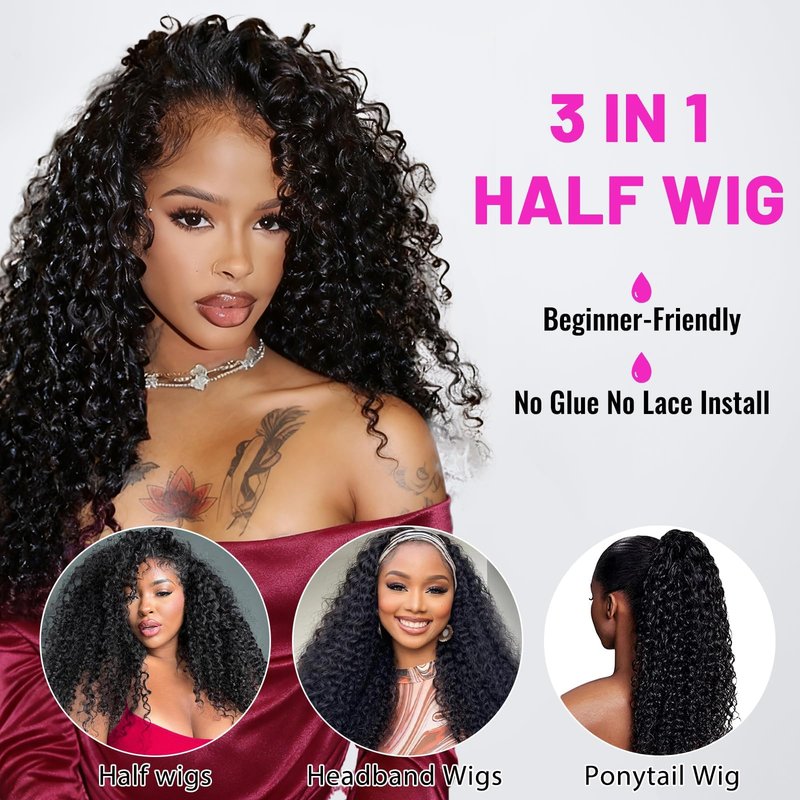 NZINZI Water Wave Half Wig Human Hair 3 In 1 Seamless Flip Over Half Wigs for Black Women Ready to Go Headband Wig 180% Density Drawstring Curly Half Wig Glueless Natural Black 26 Inch