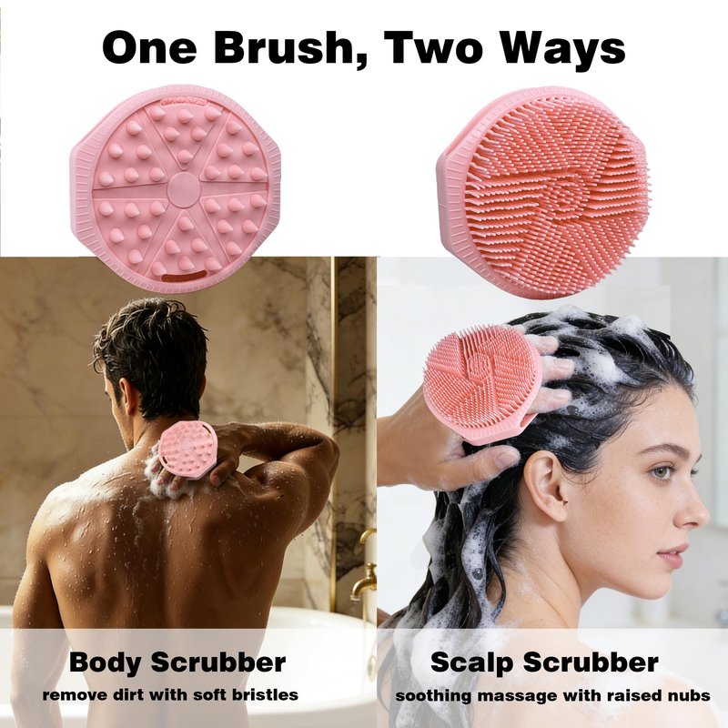 PeaKalo Silicone Body Scrubber for Men Women, Dual-Sided Bath Brushes Gentle Exfoliating Body Scrubber Scalp Massager for Deep Cleansing, Soft Silicone Loofah Body Washing Brushes (Pink)