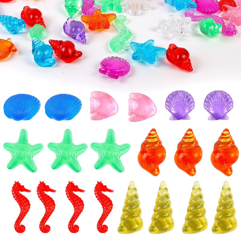 HAPTIME 80 Pcs Seashells, Sensory Bin Filler, Diving Gem Pool Toys for Kids, Plastic Sea Shells for Crafting, Little Mermaid Table Decorations, Vase Filler