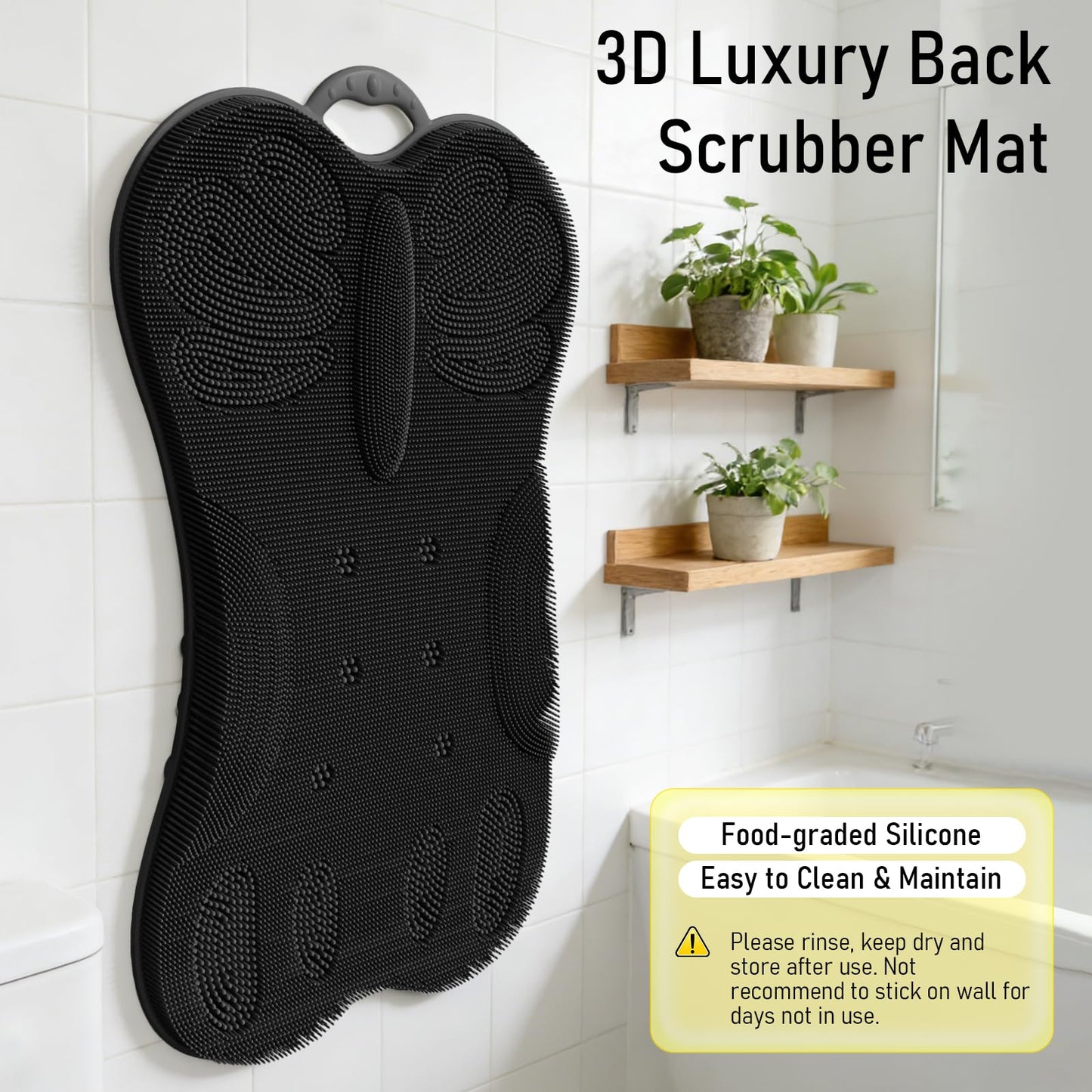 Back Scrubber for Shower Wall Mounted Men Exfoliating Scratcher Mat Extra Large Silicone Hands Free Body Brush, 3D Ergonomic Back Support Message Lower Pain Relief with Anti-slip Suction Cups Black