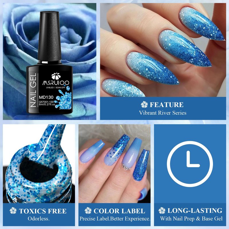 MSRUIOO 12Pcs Glitter Gel Nail Polish Set Purple Blue Glitter Aquarius Holy Water Collection Gel Polish Kit UV Nail Art Design Set DIY Manicure Gifts for Women