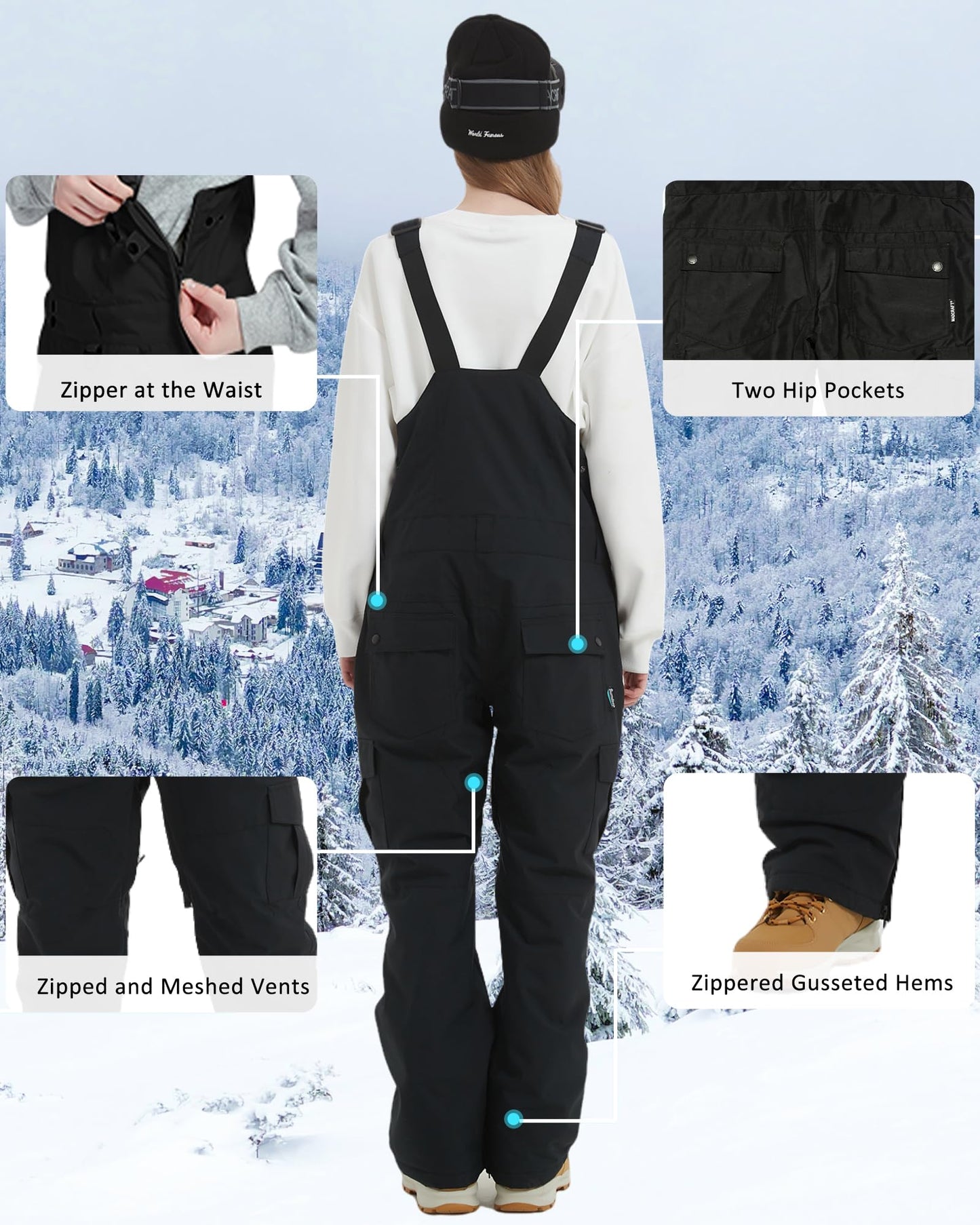 BUMDEEP Women and Mens Snow Bibs Adjustable Overalls Pants Windproof Waterproof Ski Pants Insulated Warm Pants(Black,S)