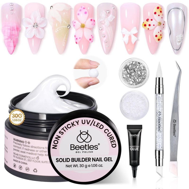 Beetles 3D Gel Nail Art-1 oz White Solid Builder Nail Gel,5 in 1 Non-Sticky Sculpting Building with Dual-ended Sculpting Pen,Rhinestones,Pearls, Glue for Beginner Salon,Snowy Cone,UV LED Lamp Needed