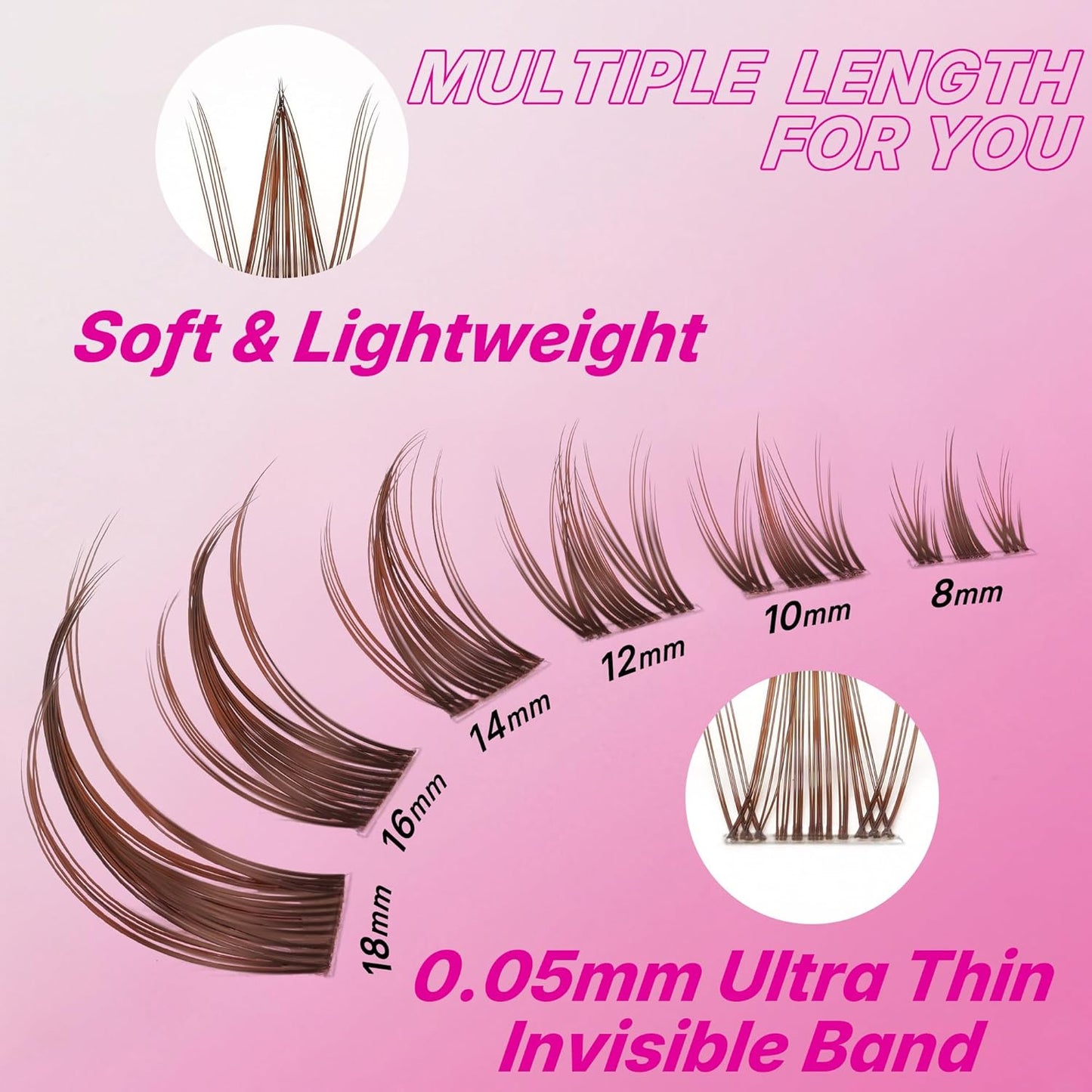 VEYESBEAUTY Brown Manga Lash Clusters - Thin & Invisible Band DIY Individual False Eyelashes | 8-18mm Mixed Length Wispy Lash Tray
