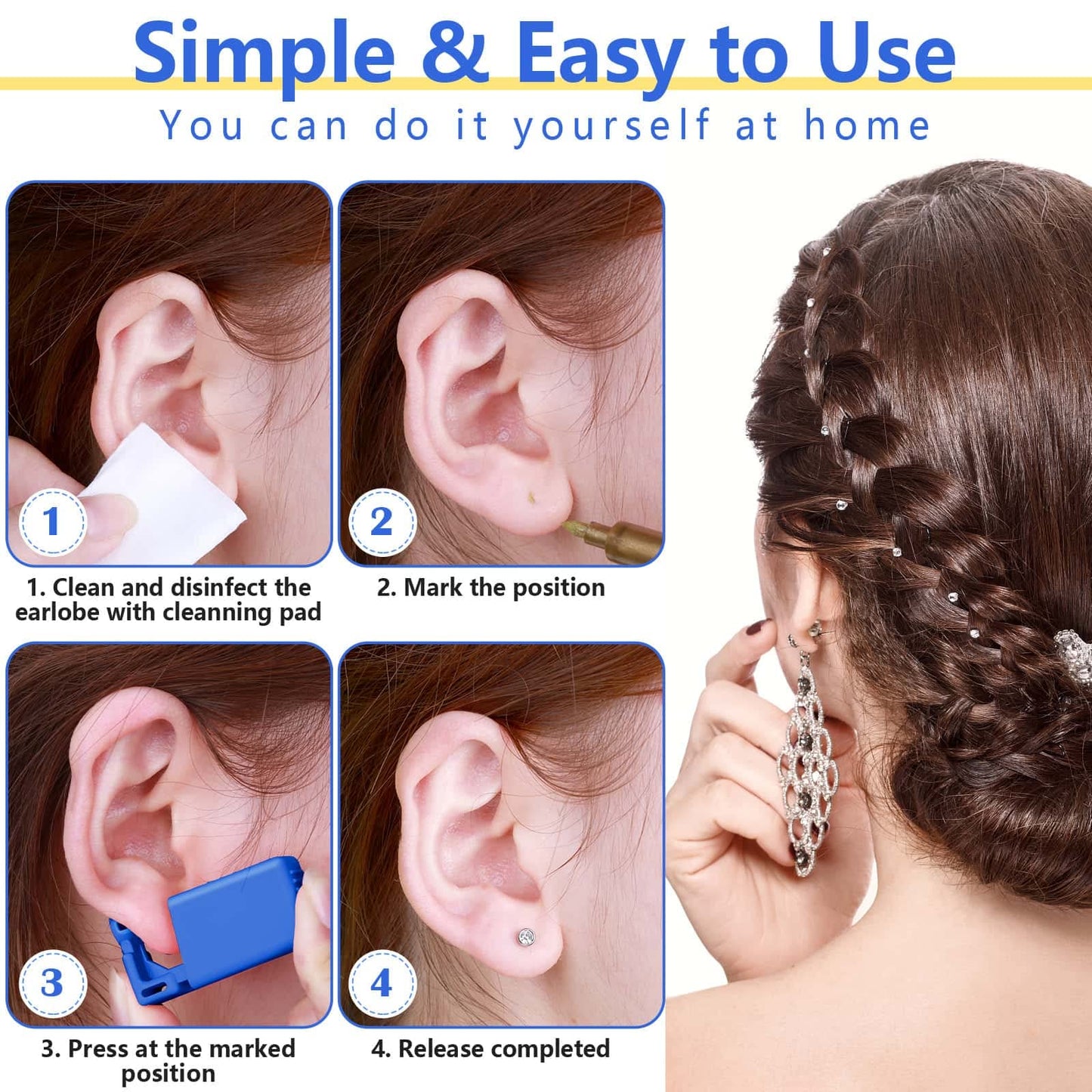30Pcs Ear Piercing Kit, Self Ear Piercing Gun with Preloaded Piercing Studs, Disposable Earring Gun with Silver Earrings for At Home Salon Earlobe Cartilage Helix Tragus Piercing Tool Kit