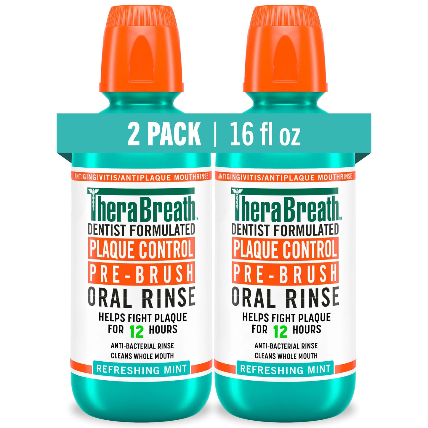 TheraBreath Plaque Control Pre-Brush Oral Rinse, Refreshing Mint Flavor, Antigingivitis and Antiplaque Rinse, Dentist Formulated, Alcohol Free, 16 Fl Oz (Pack of 2)
