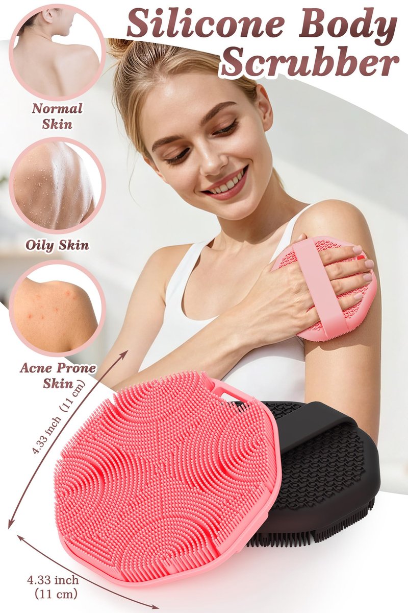 Manmihealth Soft Silicone Body Scruuber 4 PCS, Upgrade Gentle-Cleansing Shower Brush with Non-Slip Hand Strap, Exfoliating Silicone Loofah with Soap Bag (Black+Pink)