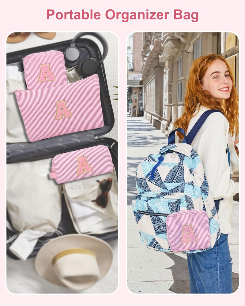 MONSTINA Preppy Chenille Makeup Bag|Personalized Initial Bags with Zipper,Cute Makeup Pouch Stripe Cosmetic Bag,Birthday Gift for Daughter|Preppy Things for Girls,3PCS Pink Q