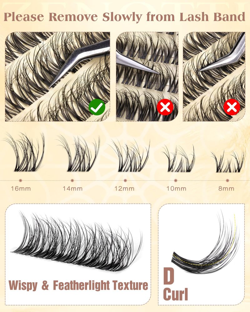 Natural Lash Clusters Spider Lashes Cluster Breeze Wispy Cluster Eyelash Extensions Venus Individual Lashes with Invisible Clear Band DIY Lash Extension for Lash Beginners 8-16mm D Curly by zenotti