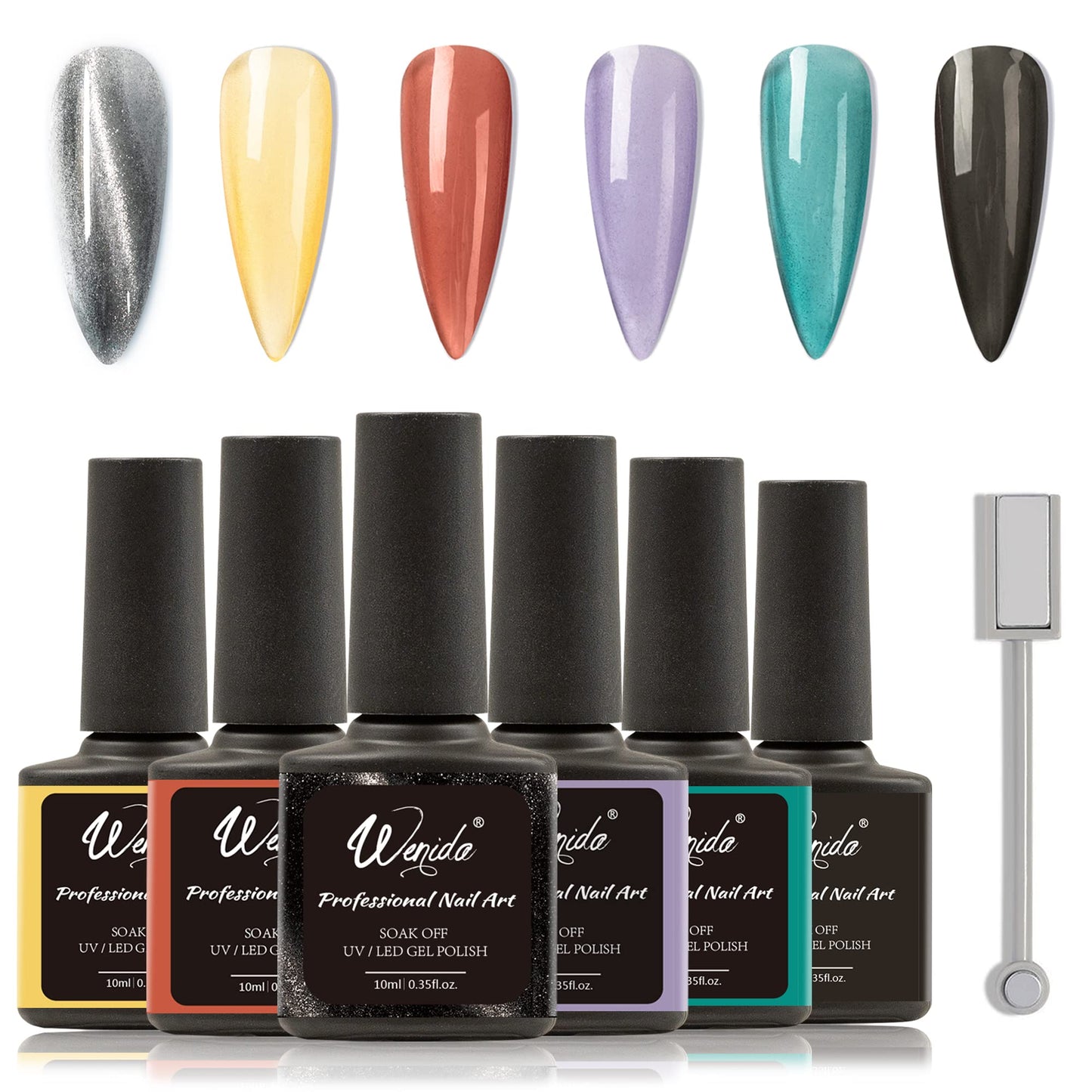 Wenida Nail Polish Cat Eye Holographic Glitter Sliver Magnetic Gel Polish Set 5 Jelly Base Colors UV LED Soak Off Gel Nail Varnish for Home DIY Nail Manicure Art with Magnet Stick