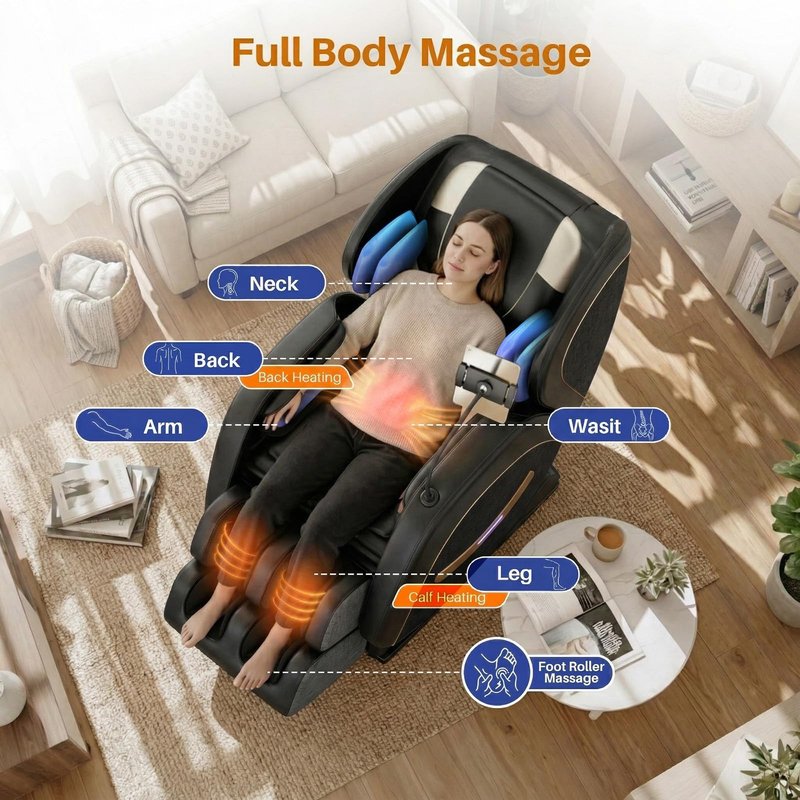 ficsmate Massage Chair Full Body, Zero Gravity Recliner Massage Chair with Back Heat, 6 Fixed Rollers, Foot Massage, Airbags, Bluetooth, Ambient Light for Home and Office