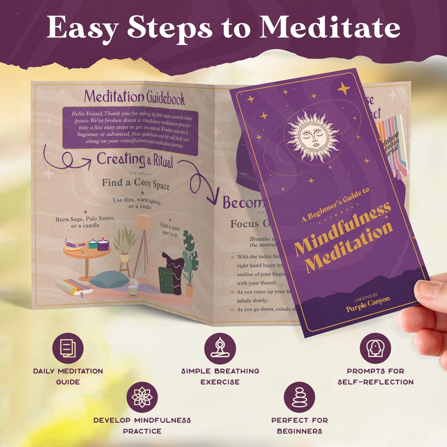 Purple Canyon Meditation Starter Kit | Sage Smudge Kit Includes Manifestation Journal, Affirmation Cards, Sage, and Palo Santo | A Guide to Meditation for Beginners