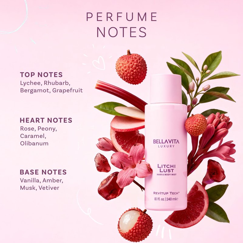 Bellavita Luxury Litchi Lust Hair & Body Mist for Women | Sweet Fruity Body Spray | Refreshing Hair and Body Mist | Lightweight, Alcohol-Free Perfume for Women | 8.12 fl.oz | 240 ml
