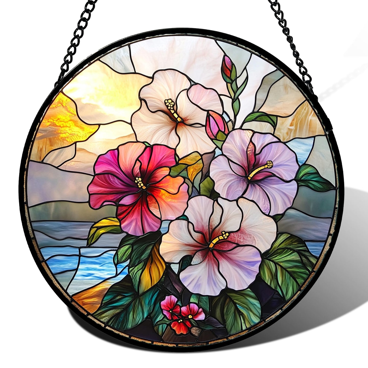 GEFOS Stained Glass Window Hanging Pink Purple Hibiscus Flowers 9.8" - Suncatcher Door Garden Sunroom Sun Catcher Decor Birthday Christmas for Mom Men Woman Nana Friend