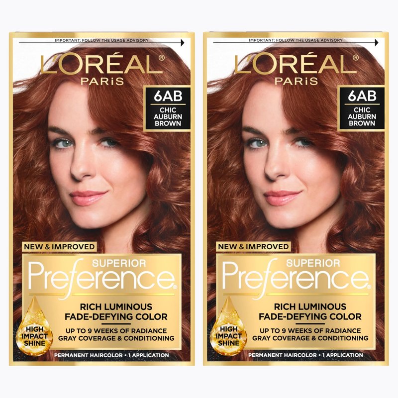 L'Oreal Paris Superior Preference Luminous Fade-Defying Permanent Hair Color, Hair Dye For Up to 9 Weeks of Radiance, Chic Auburn Brown 6AB, 1 Hair Dye Kit (Pack of 2)