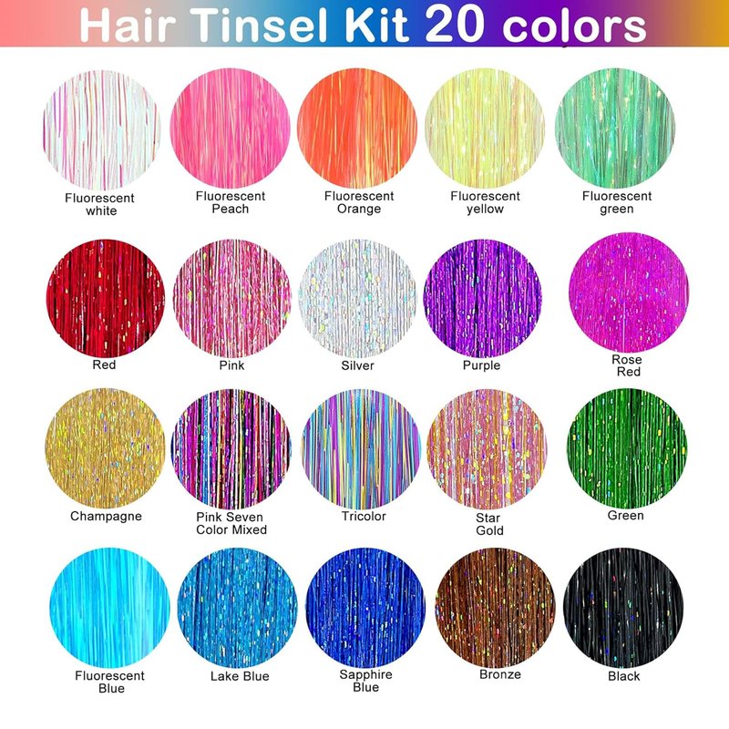 GTTUKK Hair Tinsel Kit (48 Inch,20 Colors,6000 strands), Tinsel Hair Extensions with Tools，Heat Resistant Fairy Hair Tinsel Kit for Women Girls Hair Accessories