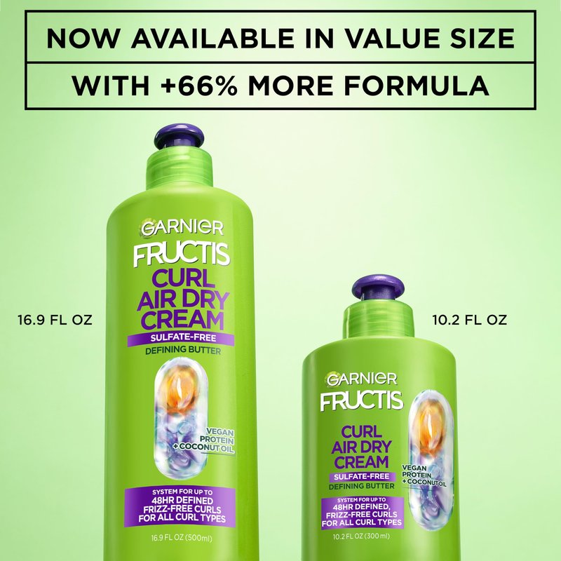 Garnier Fructis Curl Nourish Air Dry Cream XL Leave In Conditioner, Curl Defining Cream with Moisture and Frizz Control For All Curly Hair Types, Made with Vegan Protein & Coconut Oil, 16.9 Fl Oz