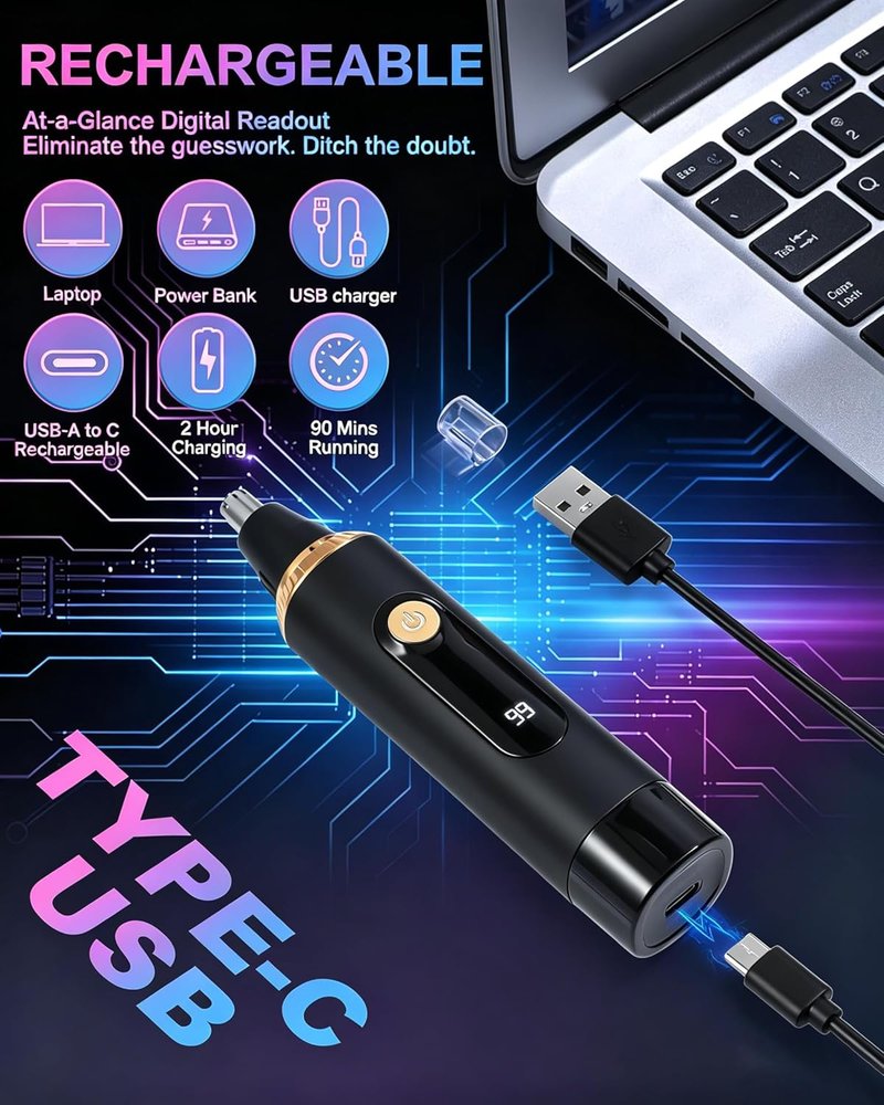 Nose Hair Trimmer - Painless IPX7 Waterproof Facial & Eyebrow Hair Remover | USB Rechargeable, LED Display, Black