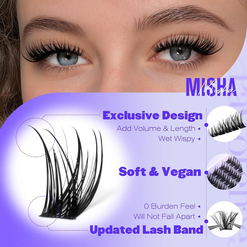 Pawotence Misha Lashes - Wispy Cluster Eyelash Extensions | 144pcs Soft & Comfortable 10-18mm DIY Lashes