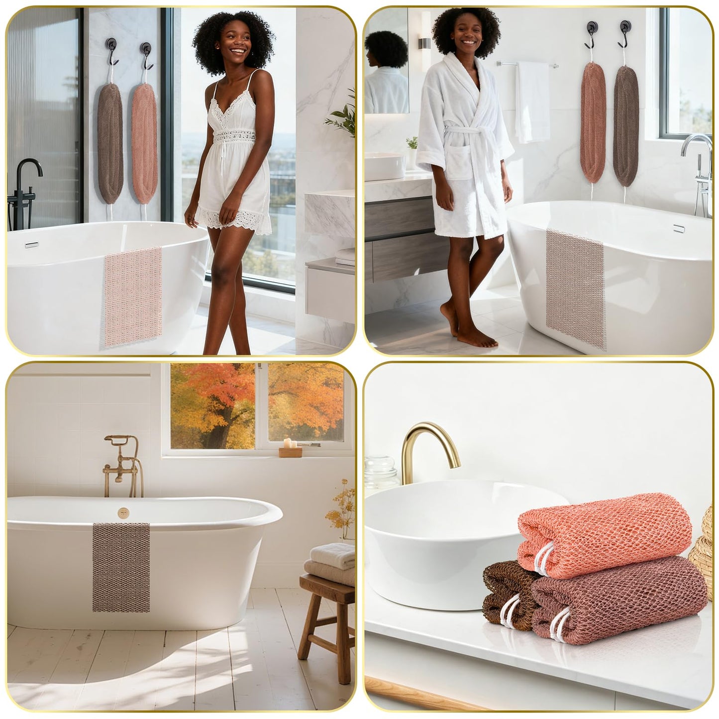 UJFQBH African Net Sponge Authentic, Exfoliating Body Scrubber for Back and Hard to Reach Areas, Gentle Daily Exfoliation for Deep Cleansing, Quick Drying Shower Essential, Rosewood 3 Pack
